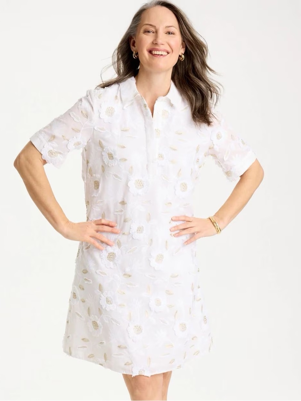 Chico’s 3D Floral Embroidered Dress White Gold Popover Collar 100% Cotton